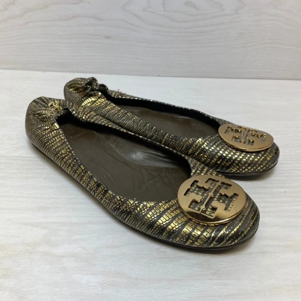 Flaw Tory Burch‎ Reva Ballet Flats Gold Metallic Snakeskin Logo Medallion 8.5M
